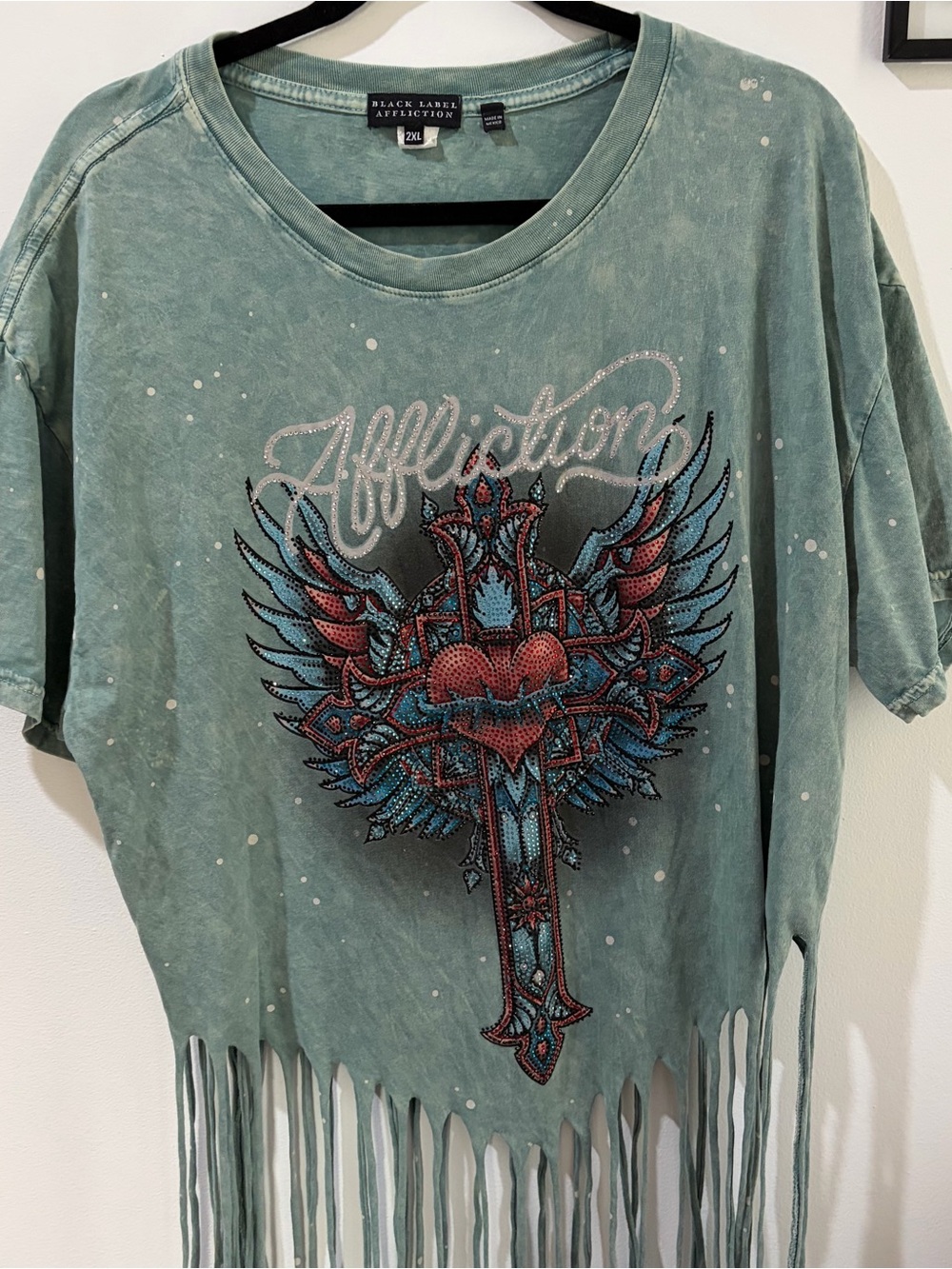 Affliction Teal Washed Winged Heart Cross Fringe Top